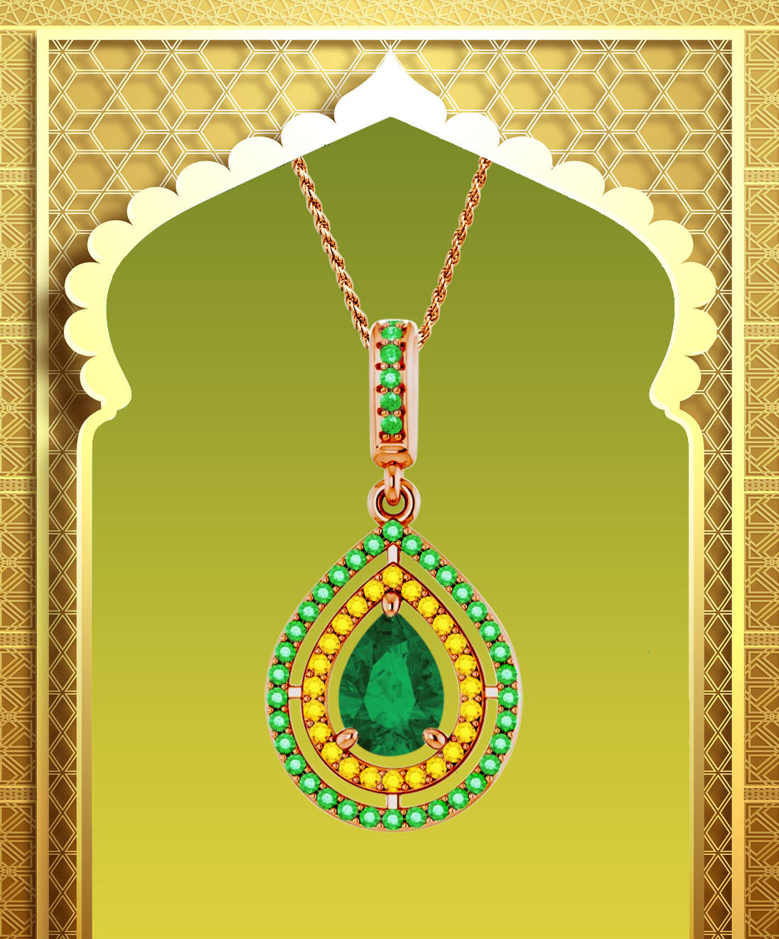 18k Emerald, Sapphire & Garnet Necklace