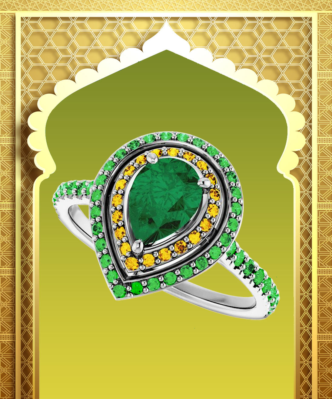 18k Emerald, Sapphire & Garnet Ring